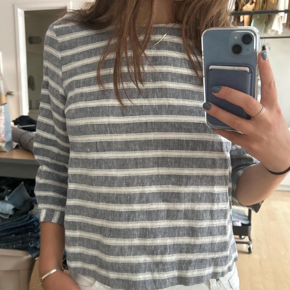 Gray and white striped linen top